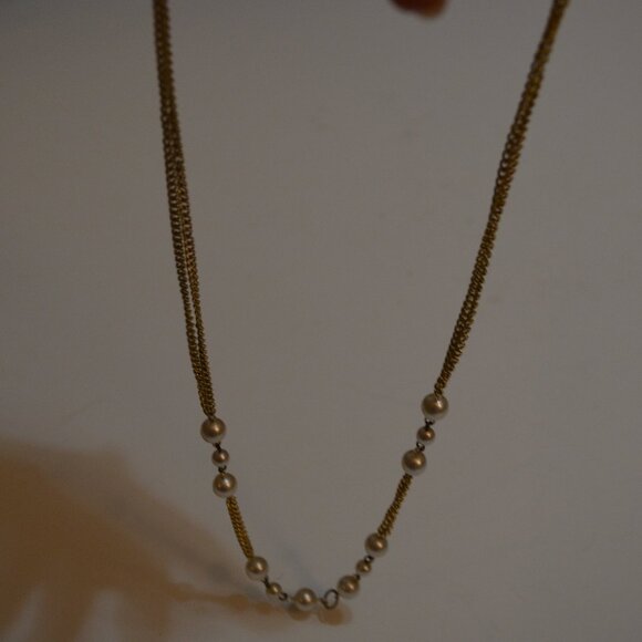 Necklace Two Lanes Golden Tone Chain Faux White Pearl Beads linked Length-11.5' - Picture 3 of 4